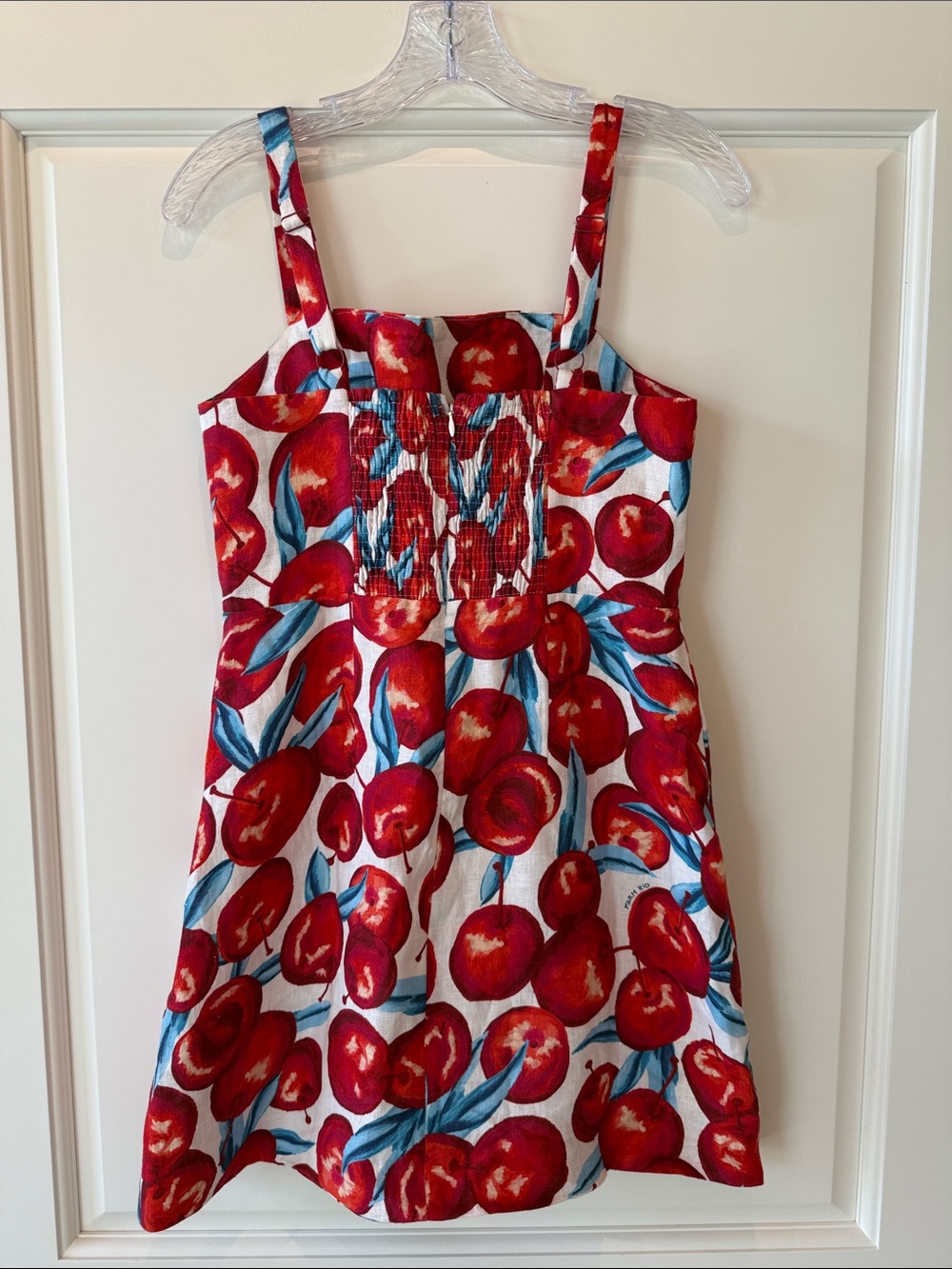 FARM Rio Linen Red Cherry Print Mini Dress with Blue Leaves - worn once. Size S - Picture 2 of 9